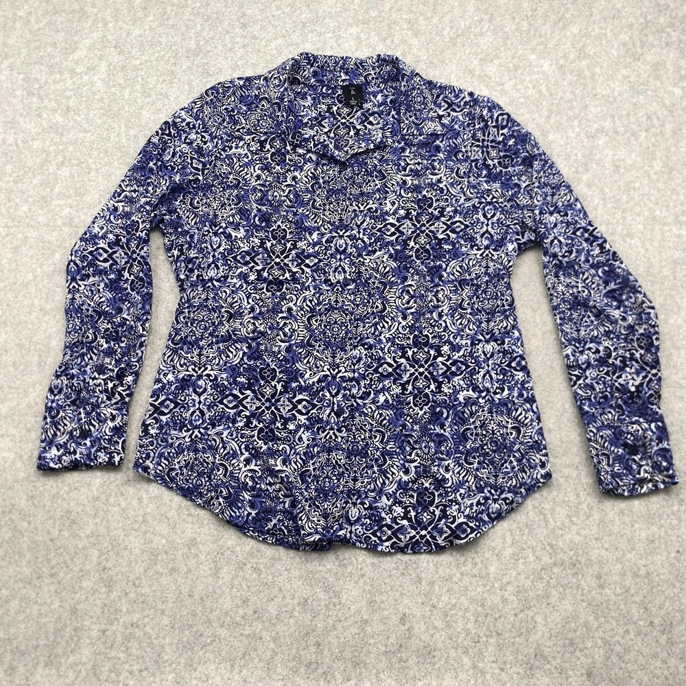 Violet B. Blouse Womens Large Blue Paisley Collared Long Sleeve Top Lightweight